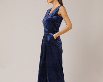 Blue velvet jumpsuit, bridesmaid jumpsuit, cocktail jumpsuit, low back wide leg jumpsuit, navy blue jumpsuit, maid of honor