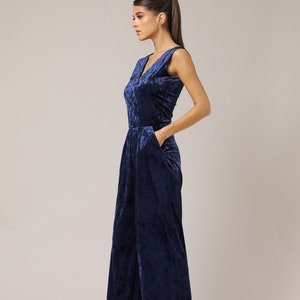 Navy blue jumpsuit, velour jumpsuit wedding guest, stretch lounge jumpsuit, wide leg overalls women