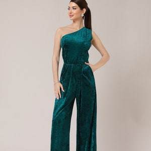 Green jumpsuit women wide leg one shoulder jumpsuit, bridesmaid jumpsuit velvet jumpsuit sleeveless jumpsuit