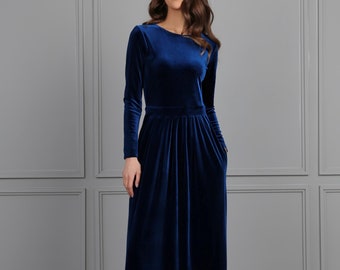 Long Sleeve Elegant Velvet Dress, Teal Blue Evening Dress, Velvet Bridesmaid Dress Maid Of Honor