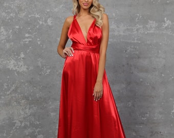 Red satin dress, bridesmaid dress, infinity dress, satin maxi dress, a line dress, silky dress, lady in red, party dress, beach dress