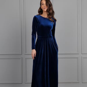 Long Sleeve Elegant Velvet Dress, Teal Blue Evening Dress, Velvet Bridesmaid Dress Maid Of Honor