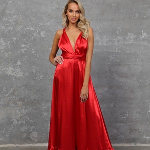 Satin red dress, bridesmaid satin dress, infinity dress, satin long dress, a line party dress, silky dress, lady in red, ruffled dress, summer wedding dress, convertible dress, maternity dress, cocktail dress, elegant long gown, women satin dress