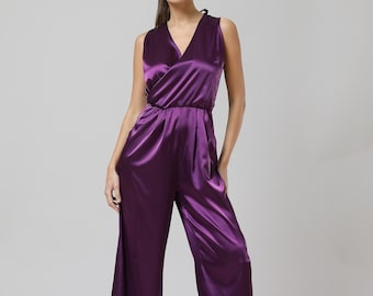Satin Wide Leg Jumpsuit, Open Back Bridesmaid Overalls, Sleeveless Formal Jumpsuit, Elegant Wedding Guest Outfit, Deep V Back Romper