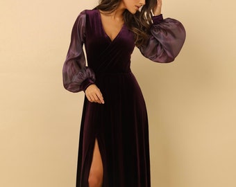 Wedding dress, velvet dress, slit dress, maxi dress, guest wedding dress, a line dress, long sleeve dress, dress v neck bridal attire