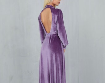 Violet bridesmaid velvet dress, long sleeve maxi dress, a line backless dress slit dress wedding guest