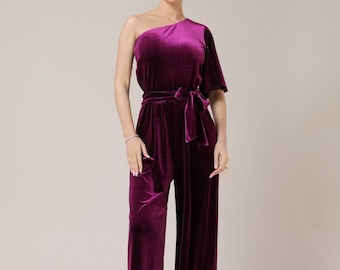 One Shoulder Velvet Jumpsuit, Asymmetric Neckline Wide Leg Overalls, Flutter Sleeve Wedding Guest Jumpsuit