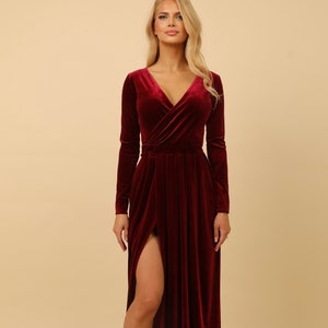 Party Dress, Velvet Dress, Bridesmaid Dress, Maid Of Honor, Slit Dress, Low Back Dress Long Sleeve Evening Gown Burgundy Dress Maxi Dress, Long Dress Long Sleeve, Pleated Dress, Neck Wrap, Dress Wedding Guest, Mother Of The Bride, Dress Velvet, gown