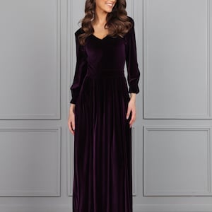 Bridesmaid Velvet Dress, Long Sleeve V-Neck Gown with Slit, Plum Formal Dress