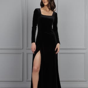 Black Velvet Formal Dress, Long Sleeve Elegant Gown with Slit, Bridesmaid Dress