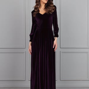Long Velvet Dress Plum Color V- Neck V Back Long Sleeve High Slit Evening Dress Formal Dress Women Dress