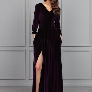 Elegant Long Sleeve Velvet Dress, V- Neck Handmade Dress with Slit