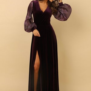 Velvet wedding dress, mother of the bride elegant gown, long organza sleeve, formal evening dress