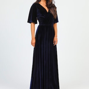 Velvet elegant navy blue dress, wedding guest long dress, mother of the bride velvet gown