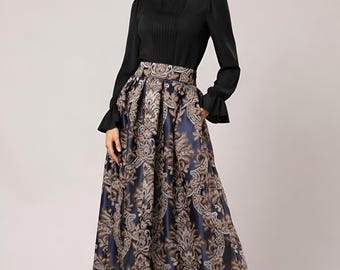 Jacquard Evening Skirt High Waist Blue Maxi Skirt, Elegant Cocktail Skirt, Women Long Skirt with Pockets