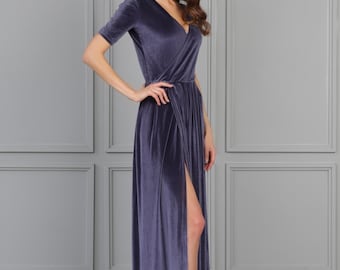 Grey Velvet Maxi Dress, Wrap V-Neck Formal Dress, Short Sleeve Elegant Dress, Velvet Bridesmaid Dress