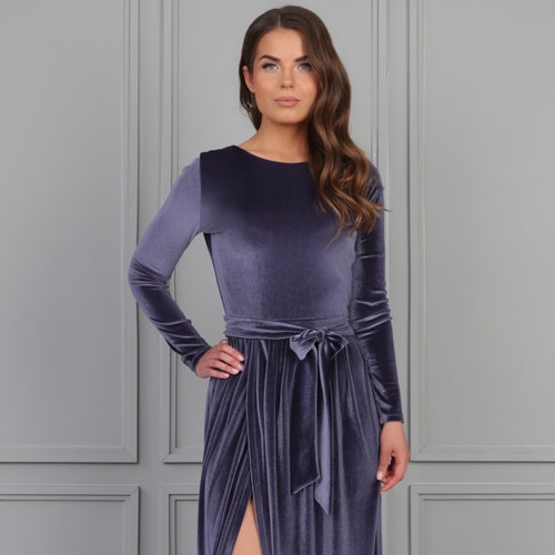 Grey Velvet Bridesmaid Dress Round Neck High Wrap Leg Split Etsy
