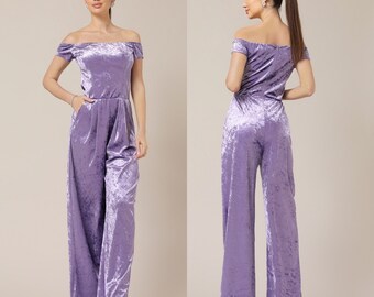 Lilac velvet jumpsuit, bridesmaid jumpsuit, formal jumpsuit, cocktail jumpsuit, off the shoulder jumpsuit