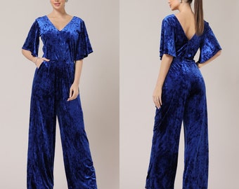 Velvet jumpsuit, bridal jumpsuit, bridesmaid velvet jumpsuit, wide leg jumpsuit, v neck jumpsuit, maid of honor jumpsuit