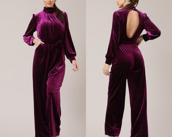 Wedding jumpsuit, purple velvet jumpsuit, bridesmaid jumpsuit, wedding guest jumpsuit, long sleeve jumpsuit, keyhole back