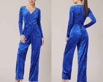 Velvet jumpsuit bridal wedding bridesmaid jumpsuit velvet wide leg jumpsuit long sleeve formal jumpsuit royal blue