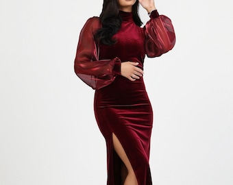 Burgundy Velvet Dress, Bridesmaid Dress, Bodycon Dress, Slit Dress, Long Sleeve Dress, Evening Gown Maxi Dress