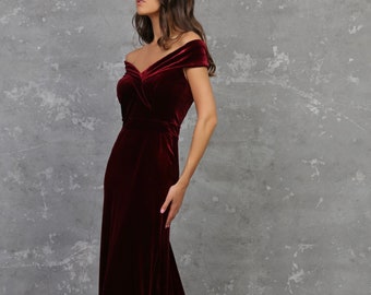 Burgundy dress, evening gown, bridesmaid velvet dress, wedding dress, off the shoulder dress, reception dress, mermaid, maxi dress