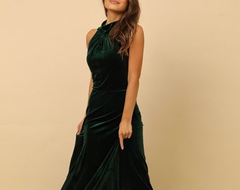 Dark Green Velvet Halter Dress, Elegant Sleeveless A-Line Gown Dark Green Velvet Halter Dress, Elegant Sleeveless A-Line Gown