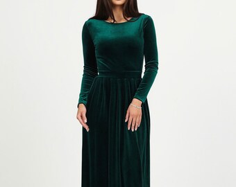 Vestido largo de terciopelo verde oscuro, vestido formal de manga larga