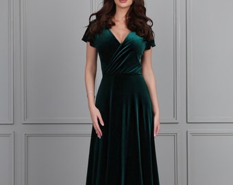 Velvet Bridesmaid Dress, Maxi Dress, Dress V Neck, A- Line Dress, Flare Sleeve Dress, Dark Green Dress, Wrap Neck, Woman Dress