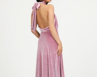 Pink dress, velvet bridesmaid dress, reception dress, evening gown, maxi dress, a line dress, elegant dress, low back dress