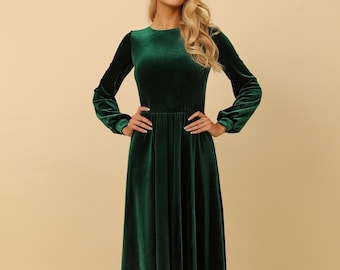 Vestido largo de terciopelo verde oscuro, elegante vestido formal para damas de honor e invitadas a bodas, vestido de corte A de manga larga.