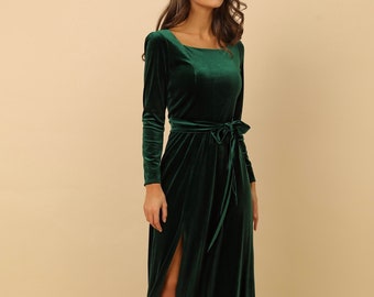 Velvet bridesmaid dress, maxi dress, evening dress, wedding guest dress, long sleeve dress, slit dress, a line dress, mother of the bride