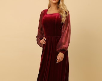 Velvet Dress, Bridesmaid Dress, Wedding Dress, Long Sleeve Maxi Dress, A Line Dress, Burgundy Dress, Reception Dress, Evening Gown