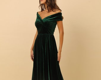 Velvet bridesmaid dress dark green dress, midi dress, prom dress, wedding guest dress, off the shoulder dress, a line dress for women