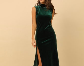 Velvet Bridesmaid Dress, Maxi Dress, Cocktail Dress, Slit Dress, High Neck Dress, Dress Sleeveless, Dark Green Dress