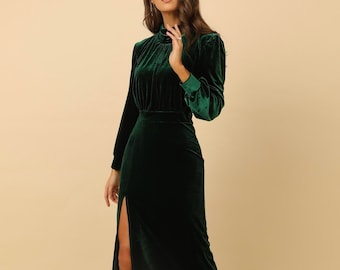 Bridesmaid Velvet Dress, Long Sleeve Maxi Dress, Evening Gown, Wedding Dress, Dark Green Dress, Slit Dress, Reception Dress