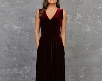 Sleeveless dress burgundy dress velvet dress, bridesmaid dress women dress, maid of honor maxi dress