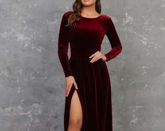 Velvet Bridesmaid Dress, Burgundy Dress, Maxi Dress, Evening Dress, Long Sleeve Slit Dress, Party Dress, Low Back Dress