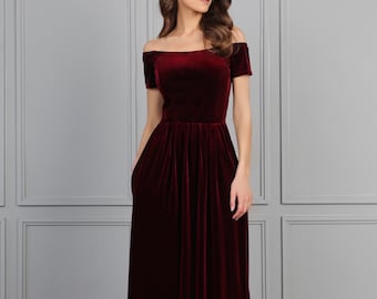 Burgundy dress, velvet bridesmaid dress, evening dress, party dress, off the shoulder dress, maxi dress, formal dress, elegant dress