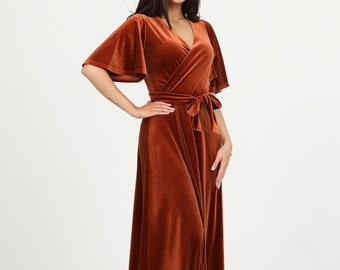 Velvet Maxi Dress, Elegant Rusty Orange Bridesmaid Gown, Long Evening Dress, Flutter Sleeve