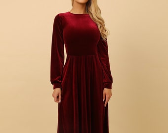 Velvet bridesmaid dress, long sleeve dress, evening gown, burgundy dress, mother of the bride, a line dress, party dress