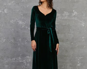 Bridesmaid Dress, Velvet Dress, Long Sleeve Maxi Dress, Slit Dress, Dark Green Dress, A Line Dress, Evening Dress, Maid Of Honor