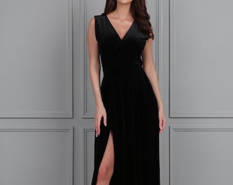 Black maxi dress velvet dress, bridesmaid dress, evening dress, slit dress, sleeveless dress, formal dress
