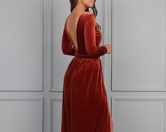 Backless Velvet Maxi Dress With Slit Long Sleeve Formal Evening Gown Elegant Wedding Guest Dress