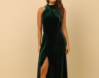 Velvet Halter Dress, Dark Green Sleeveless Evening Gown, Bridesmaid Dress