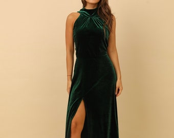 Velvet Bridesmaid Dress, Sleeveless Slit Dress A Line Dress, Dark Green Dress For Women Party Dress