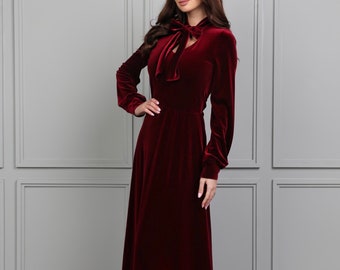 Burgundy Dress, Velvet Dress, Bridesmaid Dress, Evening Dress, Maxi Dress, A Line Dress, Party Dress, Long Sleeve Dress