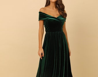 Velvet bridesmaid dress, mid dress, off the shoulder dress, dark green dress, a line dress, formal dress, cocktail dress