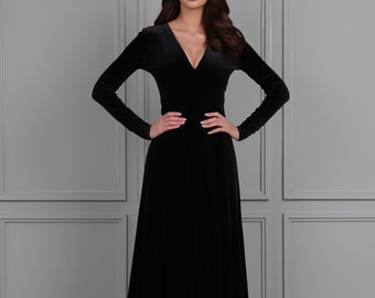 Women Long Dress Velvet Bridesmaid Dress, Long Sleeve, Black A Line Dress, Evening Velvet Dress, Plunge Neck
